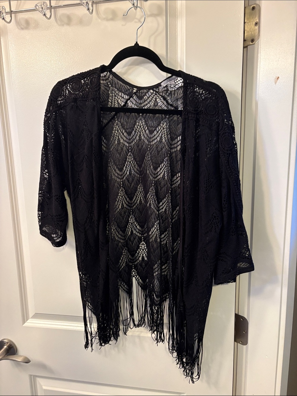 Black Crochet Fringe Kimono Cardigan
